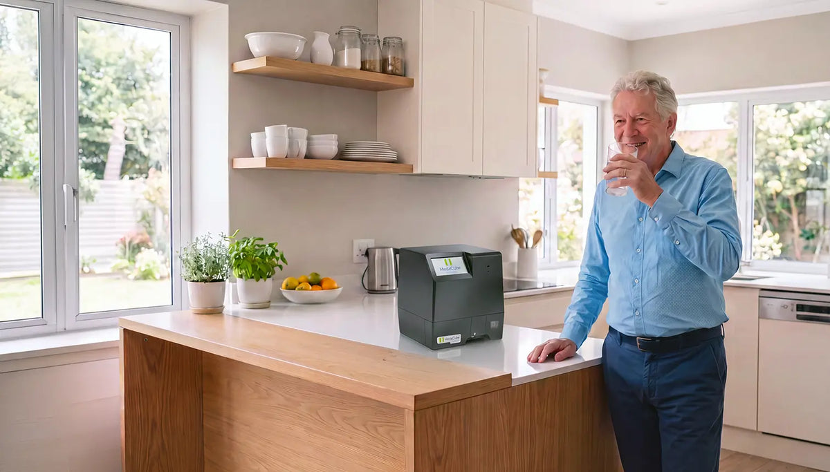 Senior Man Patient Drinking a Glass Of Water Next to MedaCube Automatic Pill Dispenser