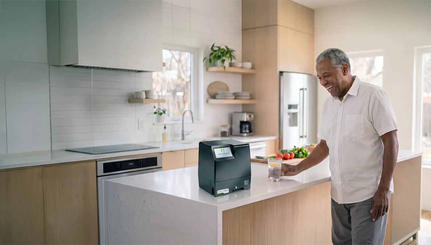 Senior Man Taking a medicine and Smiling in his kitchen looking at his countertop MedaCube Automatic Pill Dispenser