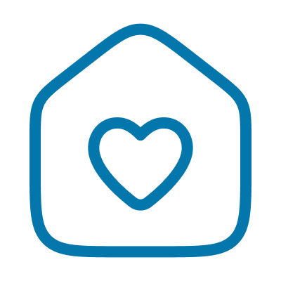 A simple blue outline icon of a house with a heart in the center on a transparent background.