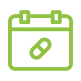 A green outline icon of a calendar page with a capsule pill symbol in the center, shown on a transparent background.