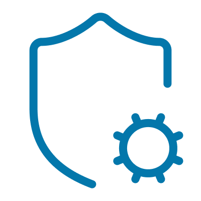 A blue outline icon showing a shield with a gear in the lower right, on a transparent background.