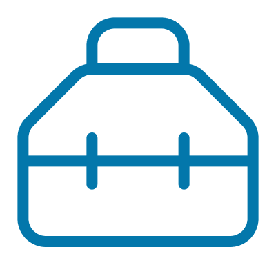 A simple blue outline icon of a hard-sided case or toolbox on a transparent background.