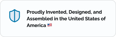 Proudly Invented, Designed, and Assembled in the United States of America badge with shield icon and American flag