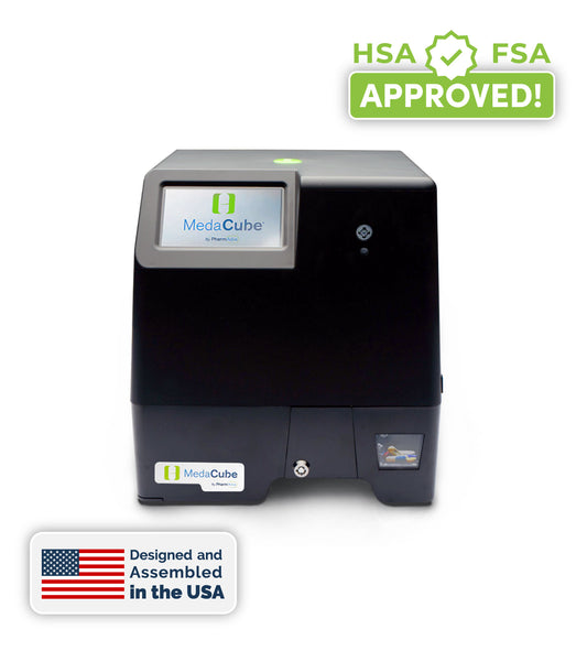 Black device labeled 'MediaCube' with 'HSA FSA Approved!' and 'Designed and Assembled in the USA' labels on a white background.