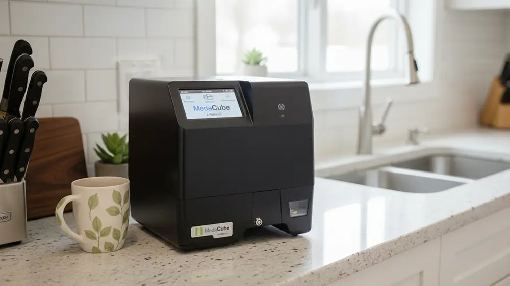 A black MedaCube automatic pill dispenser sits on a kitchen countertop next to a mug, with a kitchen sink and tiled backsplash in the background