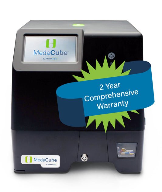 MedaCube device showcasing its optional  2-Year Comprehensive Warranty with prominent blue warranty banner.