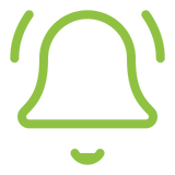 A green outline icon of a ringing bell with curved lines above, centered on a transparent background.