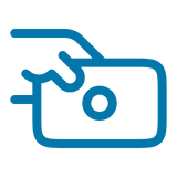 A blue outline icon of a credit card with a hand inserted, on a transparent background.